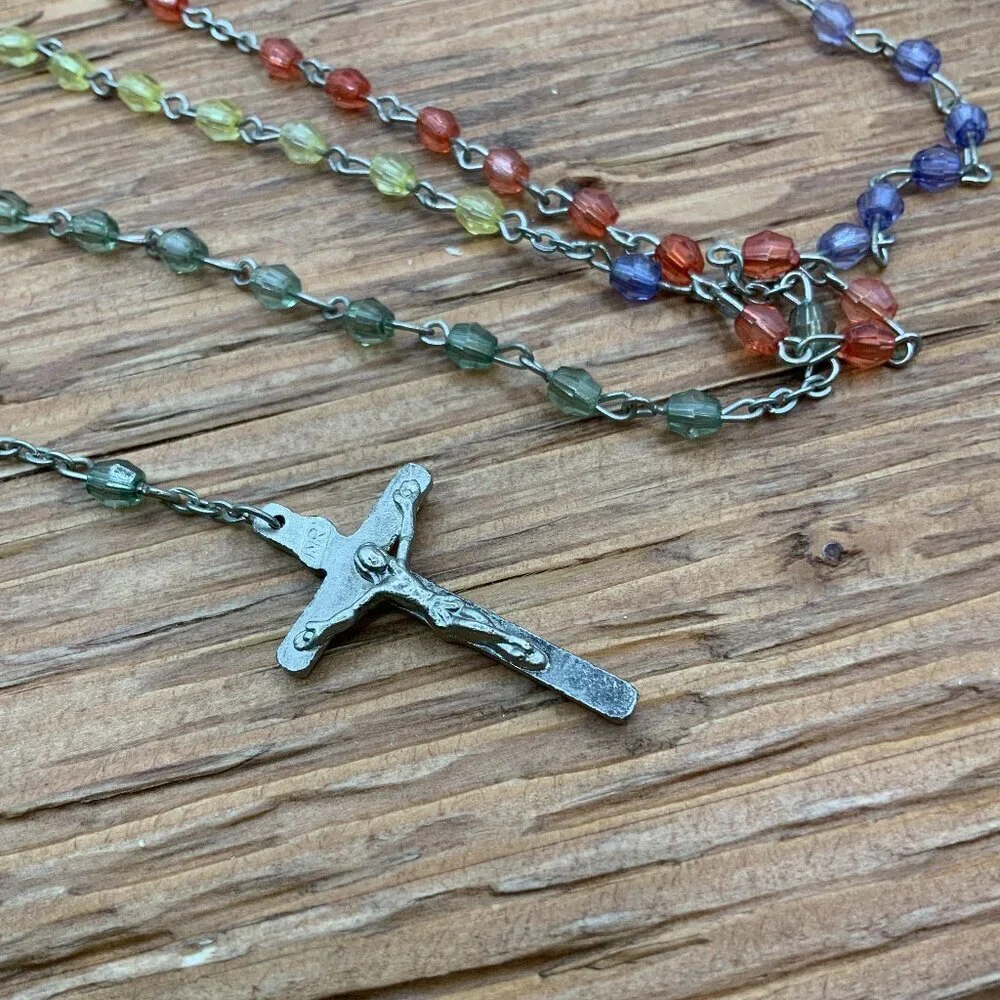 Rosary Vintage Multi Colored Rainbow Beaded Silver Tone